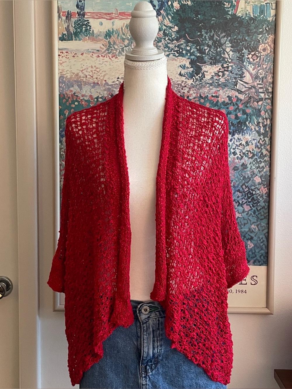 Red Open Knit Crochet Cardigan Size L/XL Short Sleeve Shrug Boho Surf Festival